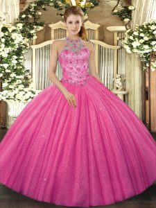 Fantastic Hot Pink Halter Top Lace Up Beading and Embroidery Ball Gown Prom Dress Sleeveless