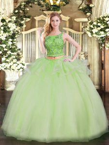 Fitting Scoop Sleeveless Sweet 16 Quinceanera Dress Floor Length Beading Yellow Green Organza