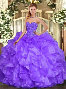 Wonderful Lavender Ball Gowns Organza Sweetheart Sleeveless Beading and Ruffles Floor Length Lace Up 15 Quinceanera Dress