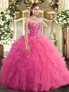 Best Hot Pink Tulle Lace Up Sweetheart Sleeveless Vestidos de Quinceanera Embroidery and Ruffles