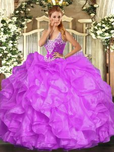 Floor Length Lilac Quince Ball Gowns Organza Sleeveless Beading and Ruffles