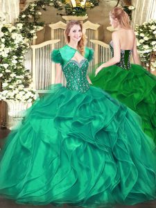Turquoise Ball Gowns Sweetheart Sleeveless Organza Floor Length Lace Up Beading and Ruffles Quinceanera Dresses