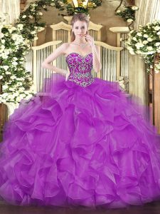 Stylish Fuchsia Organza Lace Up Sweetheart Sleeveless Floor Length Quinceanera Gowns Beading and Ruffles