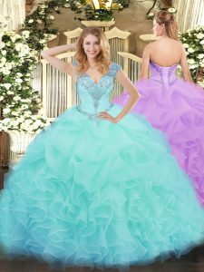 Enchanting Sleeveless Floor Length Ruffles Lace Up Vestidos de Quinceanera with Aqua Blue