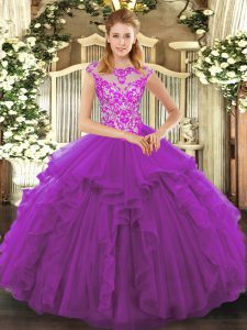 New Arrival Purple Cap Sleeves Organza Lace Up Quinceanera Gown for Military Ball and Sweet 16 and Quinceanera