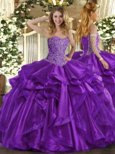 Free and Easy Purple Sleeveless Floor Length Beading and Ruffles Lace Up Sweet 16 Dress