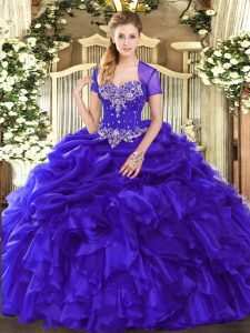 Most Popular Purple Organza Lace Up Quince Ball Gowns Sleeveless Floor Length Beading and Ruffles and Pick Ups