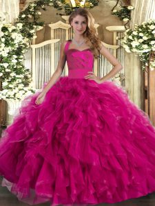 Extravagant Fuchsia Tulle Lace Up 15th Birthday Dress Sleeveless Floor Length Ruffles