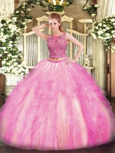 Decent Scoop Sleeveless Quinceanera Dresses Floor Length Beading and Ruffles Rose Pink Tulle
