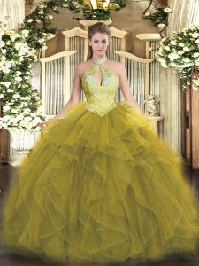 Flare Halter Top Sleeveless Organza 15 Quinceanera Dress Beading and Ruffles Lace Up
