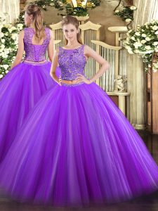 Beading Quinceanera Gown Eggplant Purple Lace Up Sleeveless Floor Length