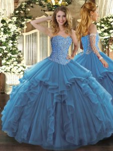 Simple Ball Gowns Sweet 16 Dresses Teal Sweetheart Tulle Sleeveless Floor Length Lace Up