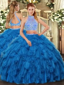 Blue Halter Top Neckline Beading and Ruffles Vestidos de Quinceanera Sleeveless Criss Cross