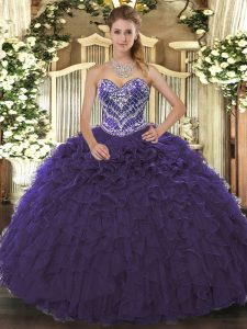 Purple Sweetheart Lace Up Beading and Ruffled Layers Quince Ball Gowns Sleeveless