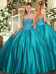 Teal Sweetheart Neckline Beading Quince Ball Gowns Sleeveless Lace Up