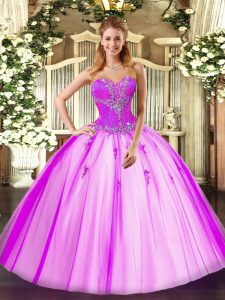 Sleeveless Beading Lace Up Quince Ball Gowns with Fuchsia
