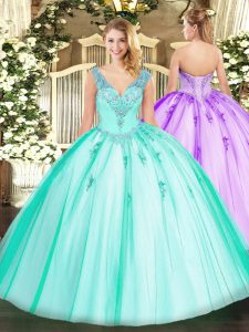 Turquoise Organza and Tulle Lace Up V-neck Sleeveless Floor Length Quinceanera Gowns Beading