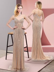 Glamorous Champagne Prom Party Dress Spaghetti Straps Sleeveless Sweep Train Zipper