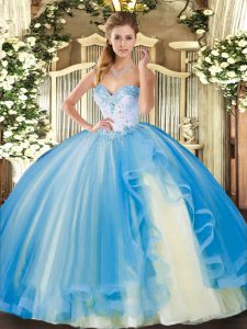 Delicate Baby Blue Sleeveless Floor Length Beading and Ruffles Lace Up Quinceanera Gowns