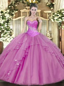 Lilac Tulle Lace Up Sweetheart Sleeveless Floor Length Quince Ball Gowns Beading