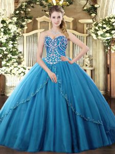 Luxury Tulle Sweetheart Sleeveless Brush Train Lace Up Beading Quince Ball Gowns in Blue