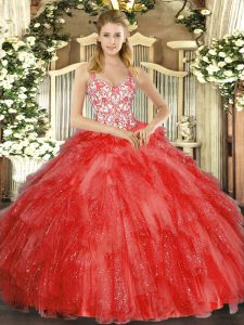 Pretty Coral Red Sleeveless Organza Lace Up Vestidos de Quinceanera for Sweet 16 and Quinceanera