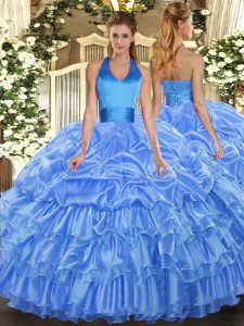 Chic Baby Blue Lace Up Halter Top Ruffled Layers and Pick Ups Quince Ball Gowns Organza Sleeveless