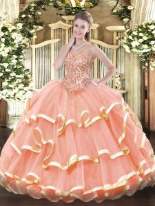 Vintage Peach Sweetheart Lace Up Appliques and Ruffled Layers Ball Gown Prom Dress Sleeveless
