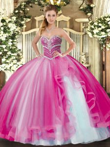 Colorful Tulle Sweetheart Sleeveless Lace Up Beading and Ruffles 15 Quinceanera Dress in Fuchsia