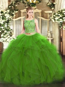 Floor Length Green Quince Ball Gowns Tulle Sleeveless Beading and Ruffles