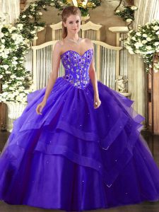 Glamorous Floor Length Purple Ball Gown Prom Dress Tulle Sleeveless Embroidery and Ruffled Layers