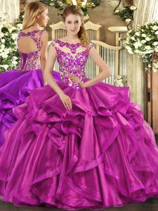 Fashionable Fuchsia Scoop Neckline Beading and Appliques and Ruffles 15 Quinceanera Dress Sleeveless Lace Up