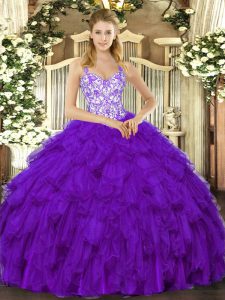 Smart Purple Ball Gowns Straps Sleeveless Organza Floor Length Lace Up Beading and Ruffles Sweet 16 Dress