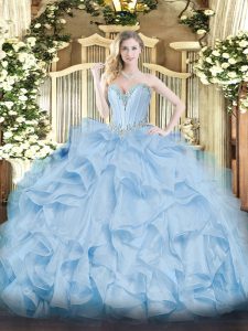 Attractive Floor Length Lace Up Quinceanera Dress Blue for Military Ball and Sweet 16 and Quinceanera with Beading and Ruffles