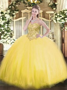 Floor Length Gold 15th Birthday Dress Tulle Sleeveless Appliques