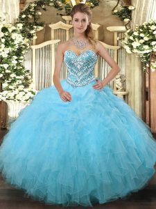Noble Aqua Blue Tulle Lace Up 15th Birthday Dress Sleeveless Floor Length Beading and Ruffles