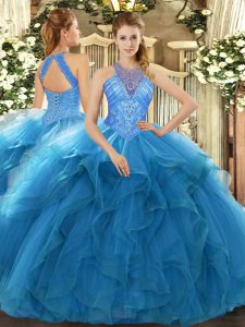Classical Ball Gowns 15th Birthday Dress Teal High-neck Organza Sleeveless Floor Length Lace Up
