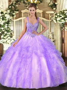 Popular Sleeveless Floor Length Beading and Ruffles Lace Up Ball Gown Prom Dress with Lavender