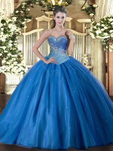 Beauteous Floor Length Lace Up 15th Birthday Dress Blue for Military Ball and Sweet 16 and Quinceanera with Beading