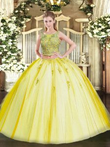 Yellow Tulle Lace Up Quinceanera Dress Sleeveless Floor Length Beading and Appliques