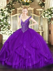 Purple V-neck Neckline Beading and Ruffles Ball Gown Prom Dress Sleeveless Lace Up