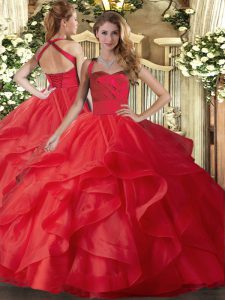 Custom Design Ball Gowns Ball Gown Prom Dress Red Halter Top Tulle Sleeveless Floor Length Lace Up