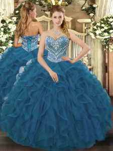 Exquisite Floor Length Teal 15 Quinceanera Dress Tulle Sleeveless Beading and Ruffled Layers