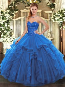 Blue Tulle Lace Up 15th Birthday Dress Sleeveless Floor Length Beading and Ruffles