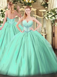 Beading Quinceanera Gown Turquoise Lace Up Sleeveless Floor Length