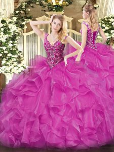 Ball Gowns 15 Quinceanera Dress Fuchsia V-neck Organza Long Sleeves Floor Length Lace Up