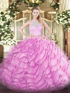 Sleeveless Brush Train Zipper Lace and Ruffled Layers Quinceanera Gowns