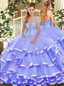 Lavender Lace Up Ball Gown Prom Dress Appliques and Ruffled Layers Sleeveless Floor Length
