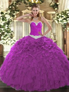 Elegant Floor Length Fuchsia Sweet 16 Quinceanera Dress Organza Sleeveless Appliques and Ruffles