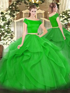 Green Two Pieces Tulle Off The Shoulder Short Sleeves Appliques and Ruffles Floor Length Zipper 15th Birthday Dress